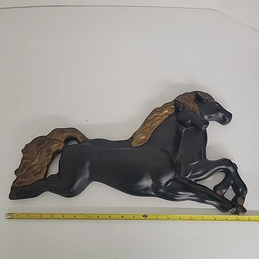 Vintage‎ Chalkware Running Black Gold Horses Western Wall Hanging MCM
